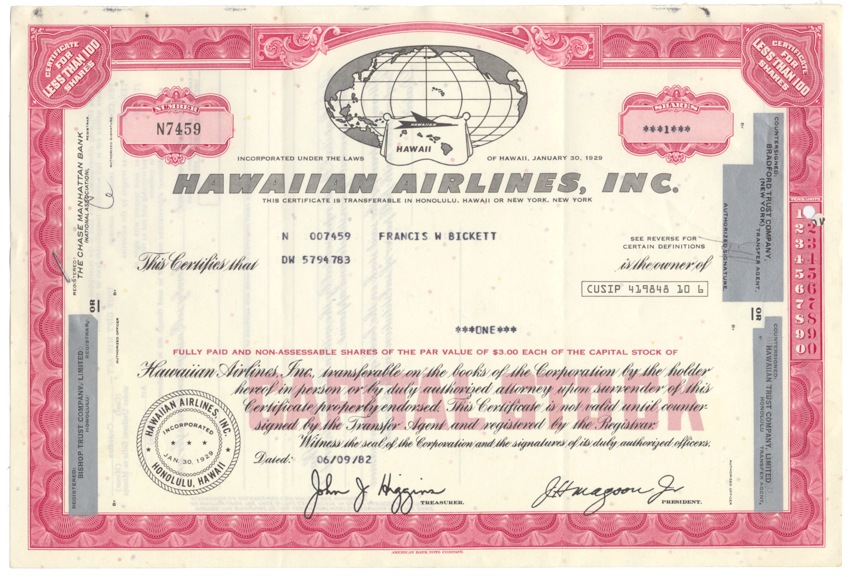 Hawaiian Airlines, Inc. Stock Certificate