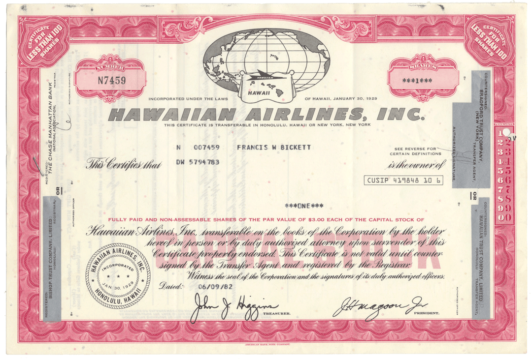 Hawaiian Airlines, Inc. Stock Certificate