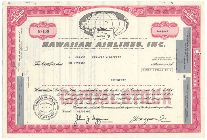 Hawaiian Airlines, Inc. Stock Certificate