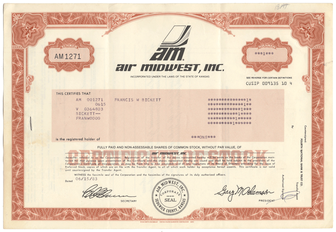 Air Midwest, Inc. Stock Certificate