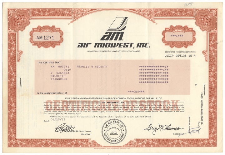 Air Midwest, Inc. Stock Certificate