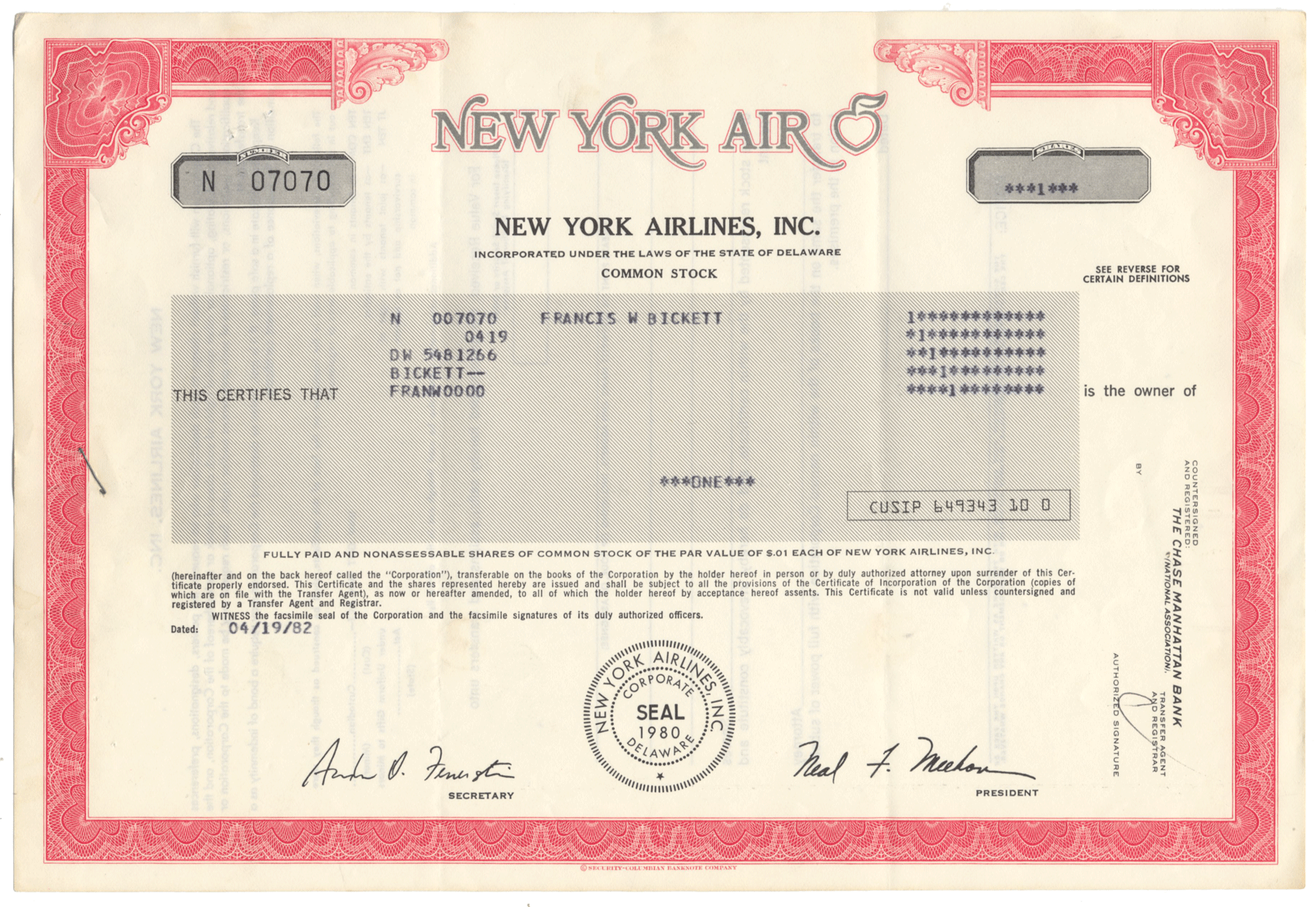 New York Airlines, Inc. Stock Certificate