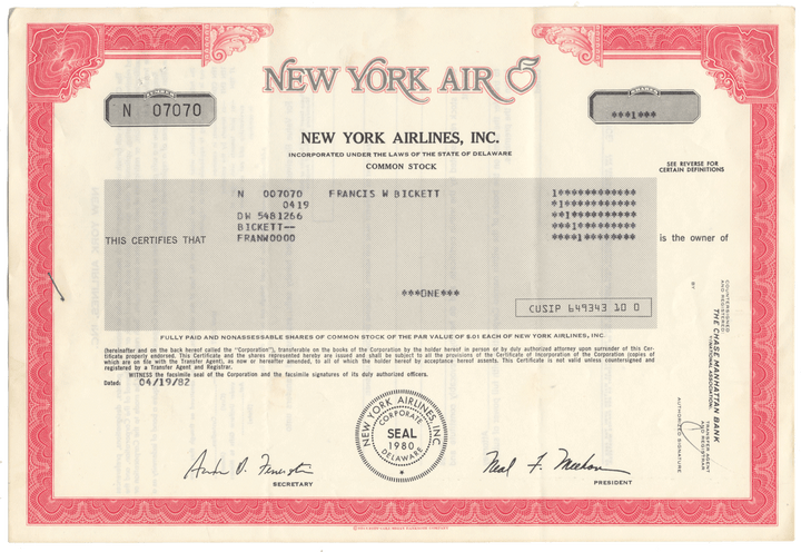 New York Airlines, Inc. Stock Certificate