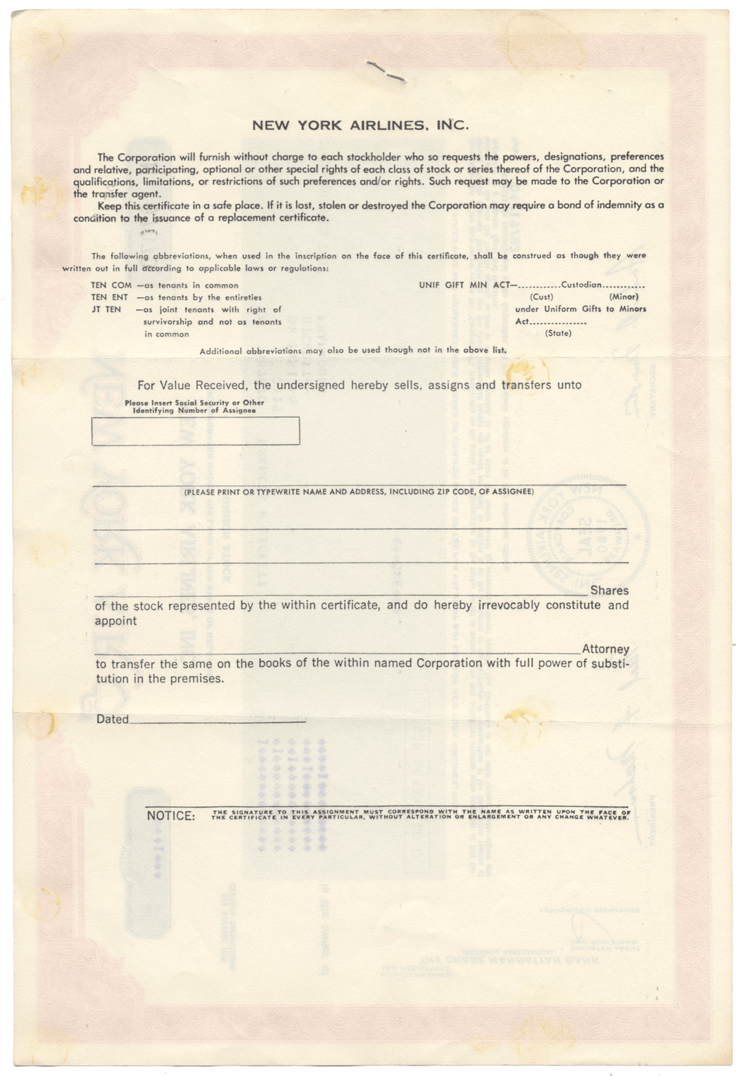 New York Airlines, Inc. Stock Certificate