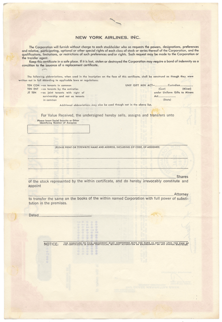 New York Airlines, Inc. Stock Certificate