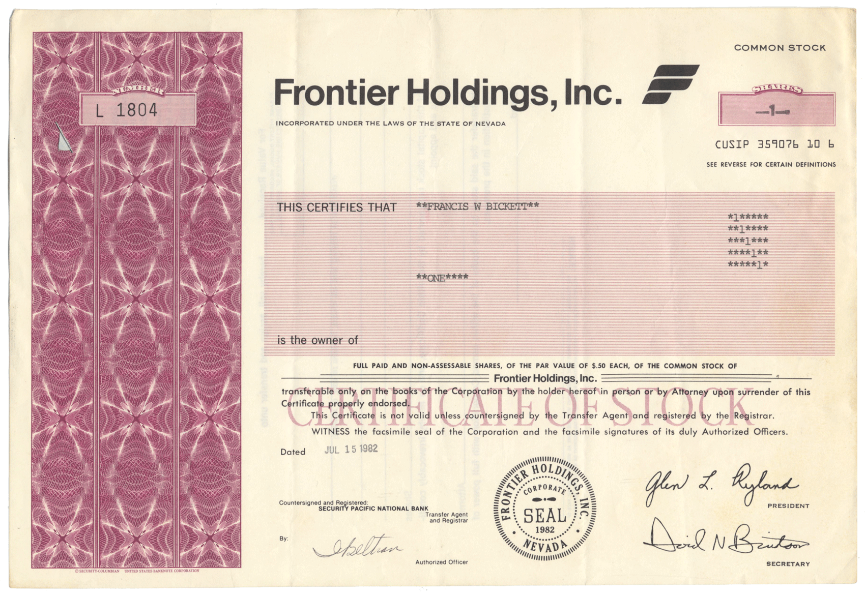 Frontier Holdings, Inc. Stock Certificate