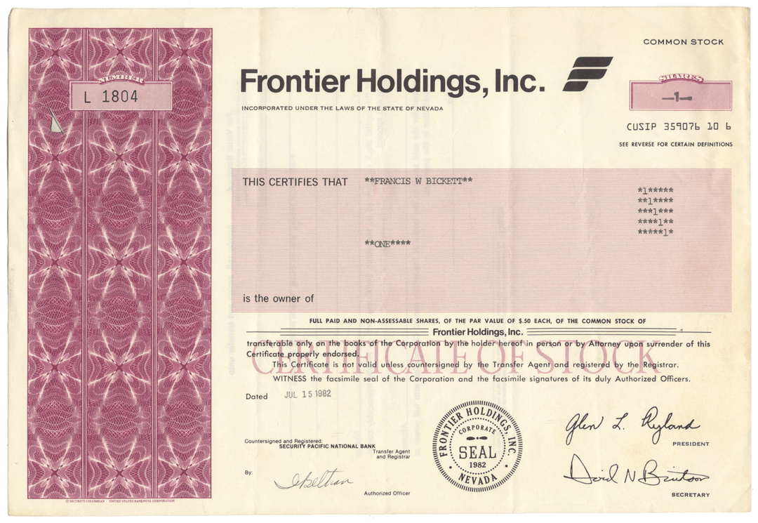 Frontier Holdings, Inc. Stock Certificate