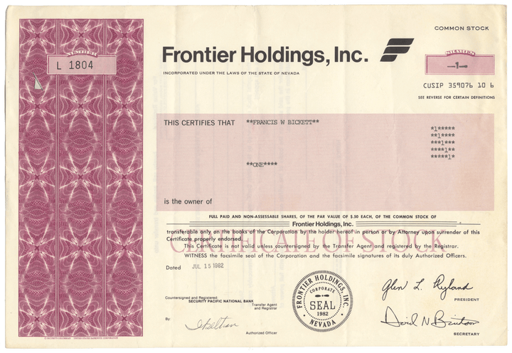 Frontier Holdings, Inc. Stock Certificate