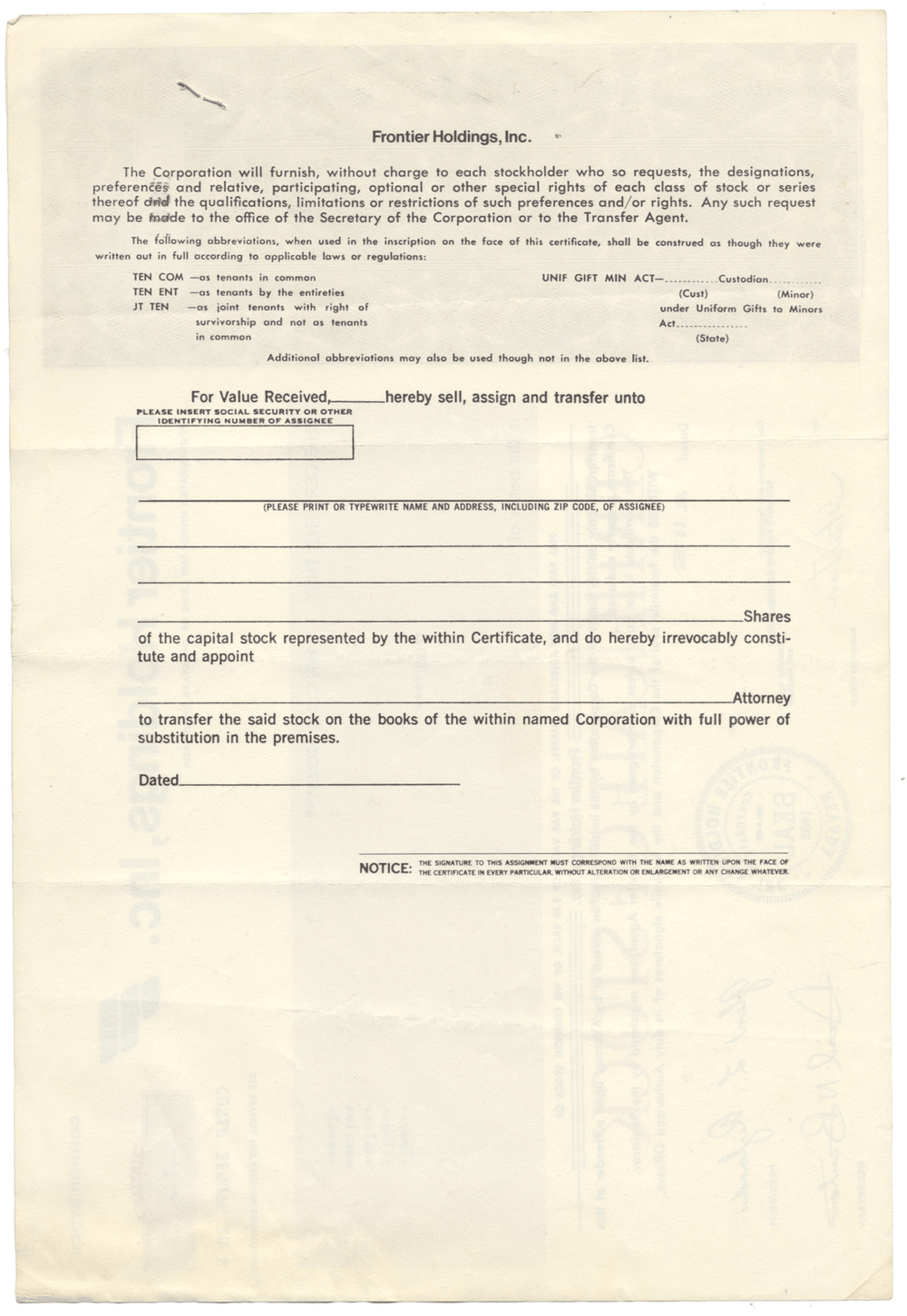 Frontier Holdings, Inc. Stock Certificate