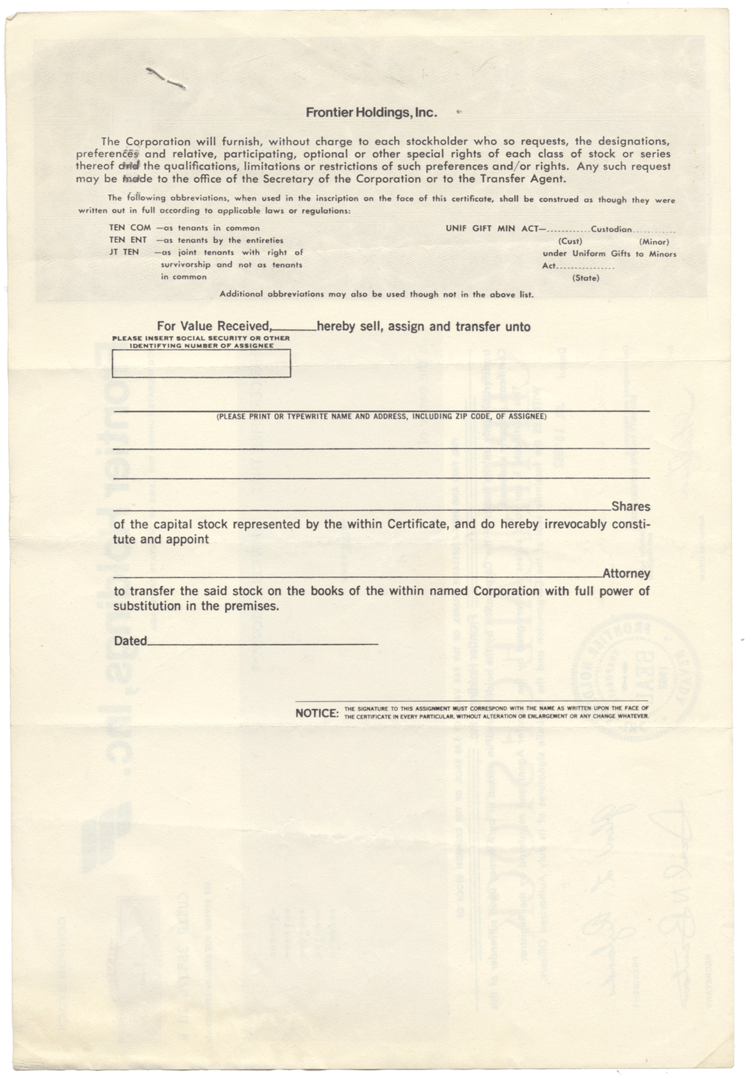 Frontier Holdings, Inc. Stock Certificate