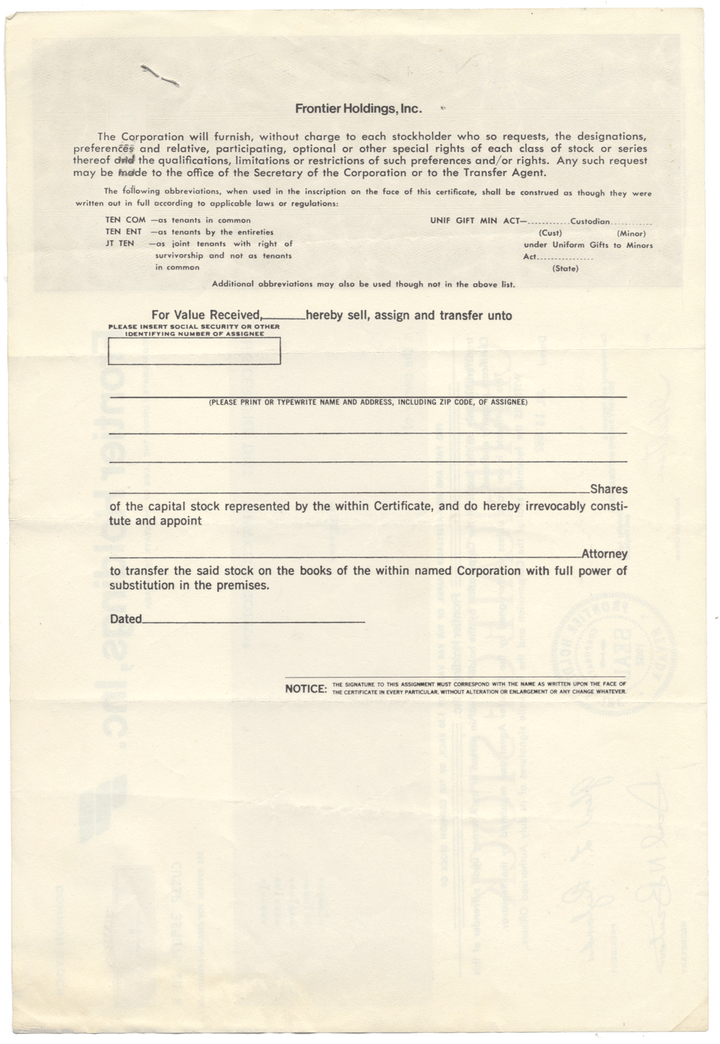 Frontier Holdings, Inc. Stock Certificate