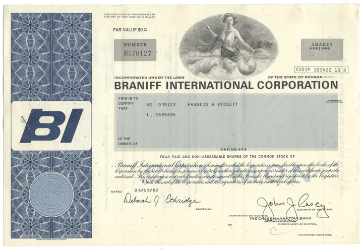 Braniff International Corporation Stock Certificate