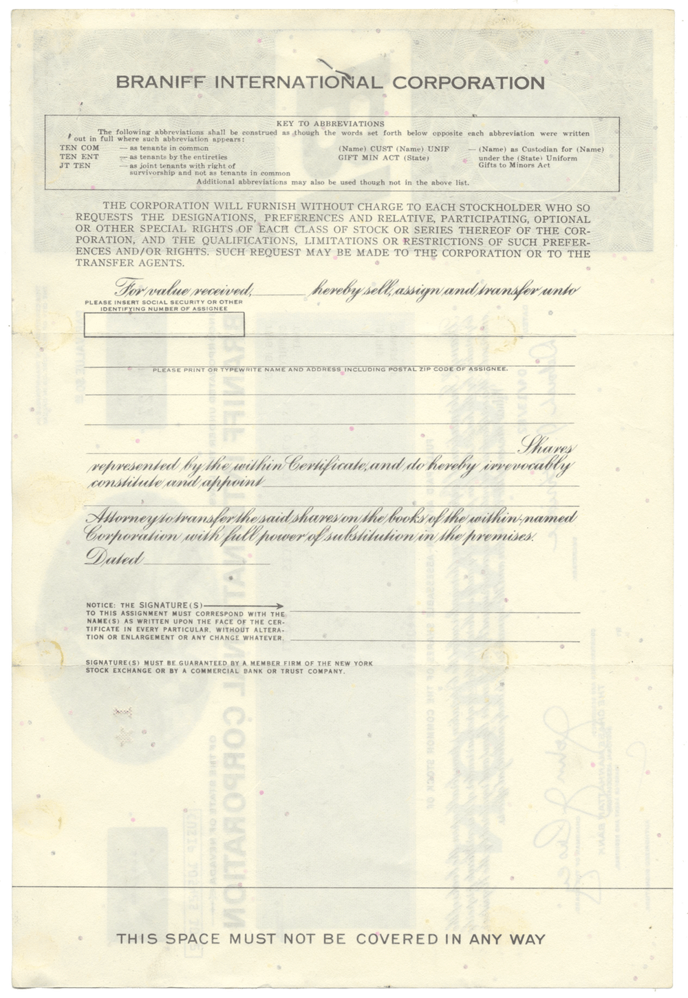 Braniff International Corporation Stock Certificate