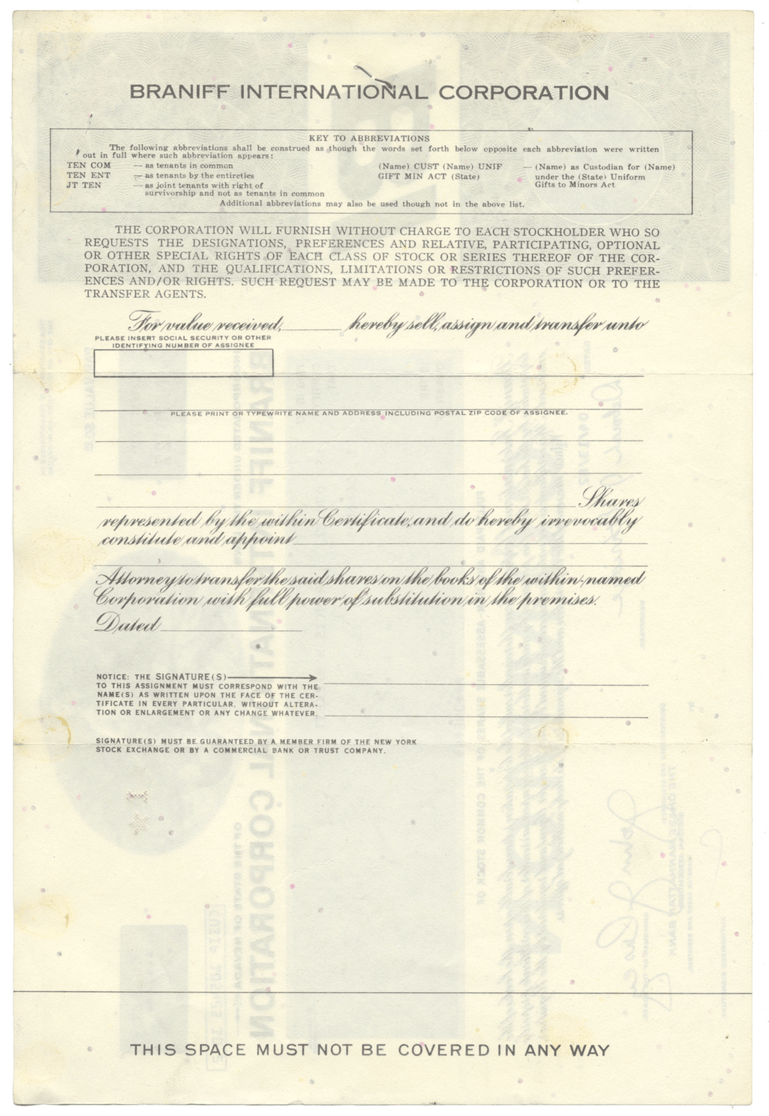 Braniff International Corporation Stock Certificate