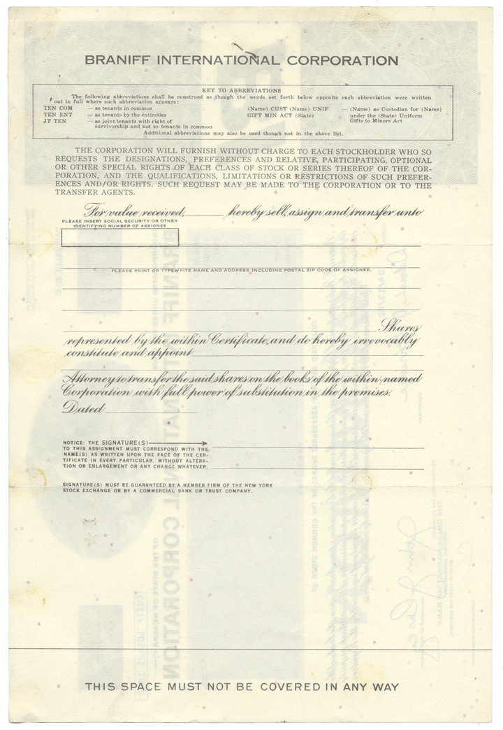 Braniff International Corporation Stock Certificate