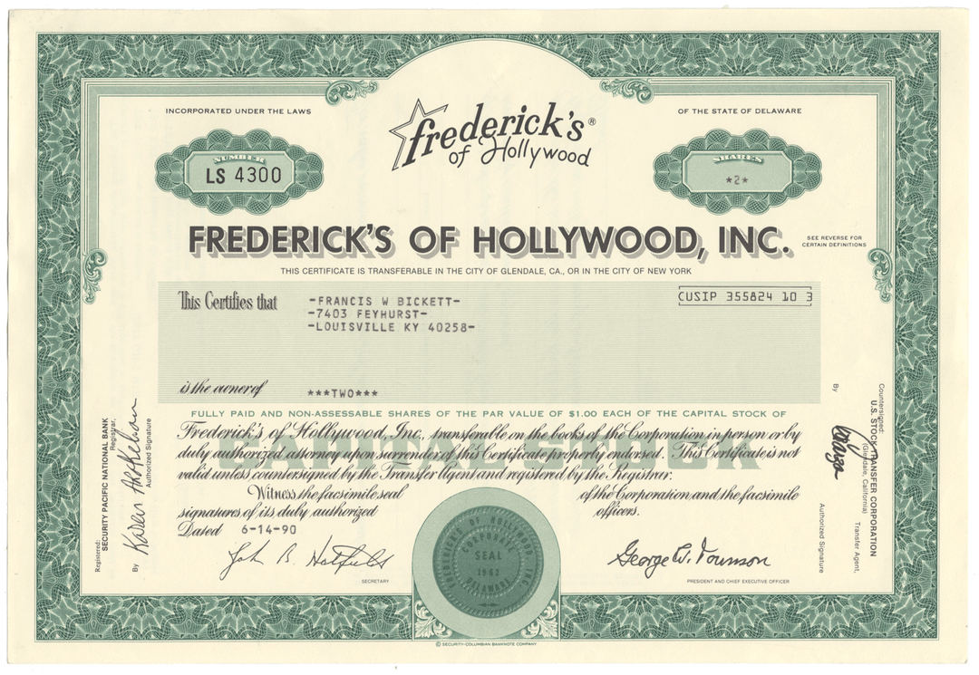 Frederick's of Hollywood, Inc. Sock Certificate