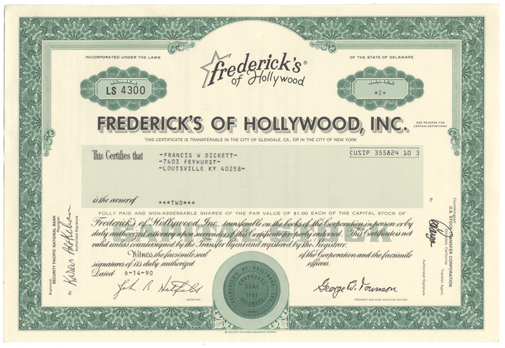 Frederick's of Hollywood, Inc. Sock Certificate