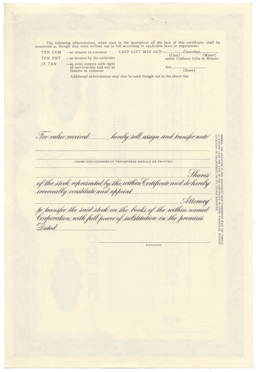 Frederick's of Hollywood, Inc. Sock Certificate