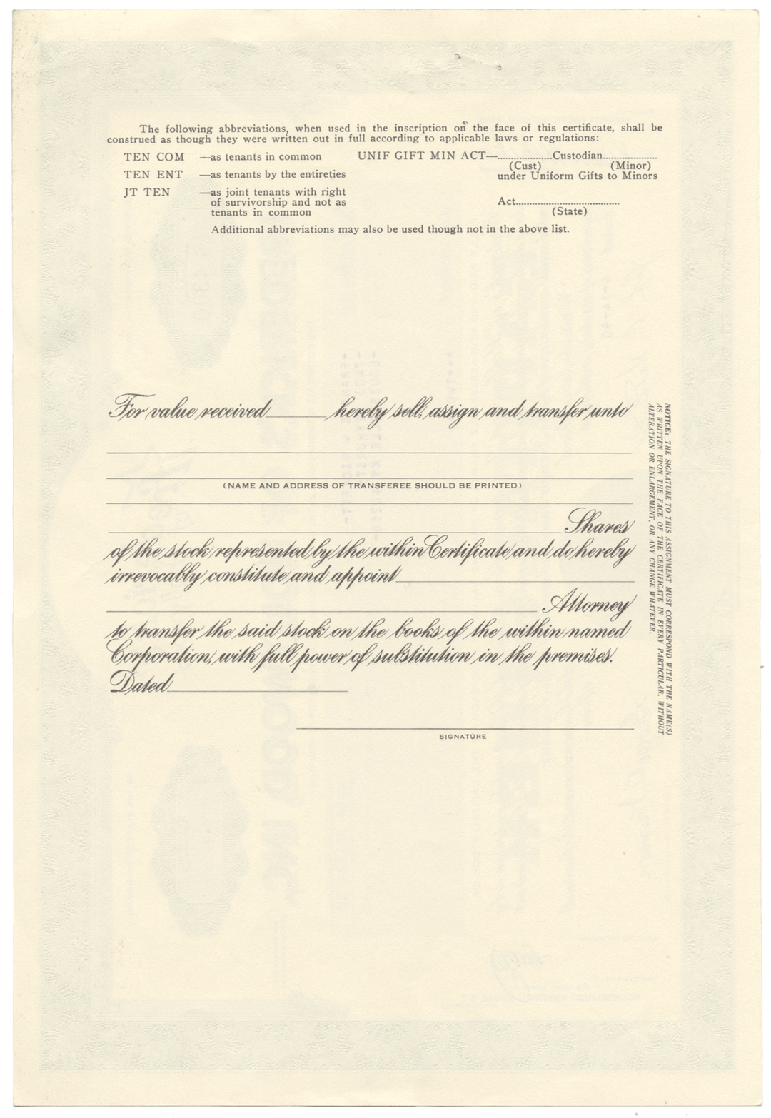 Frederick's of Hollywood, Inc. Sock Certificate