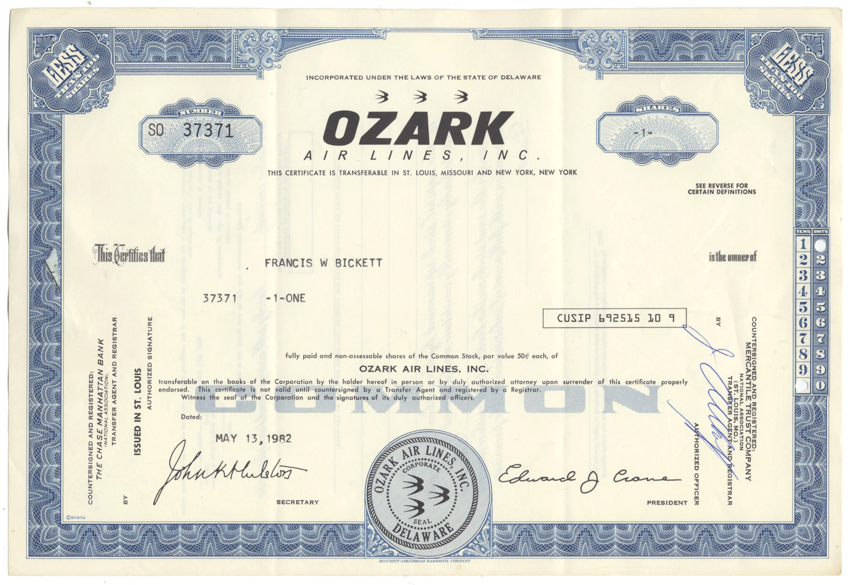 Ozark Air Lines, Inc. Stock Certificate