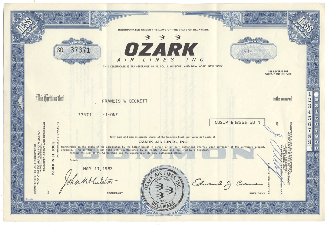 Ozark Air Lines, Inc. Stock Certificate