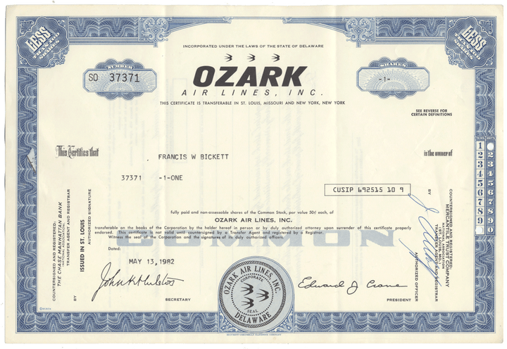 Ozark Air Lines, Inc. Stock Certificate