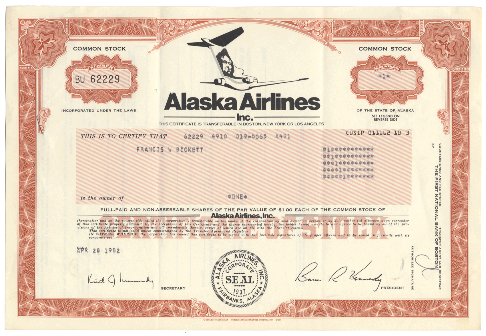 Alaska Airlines, Inc. Stock Certificate