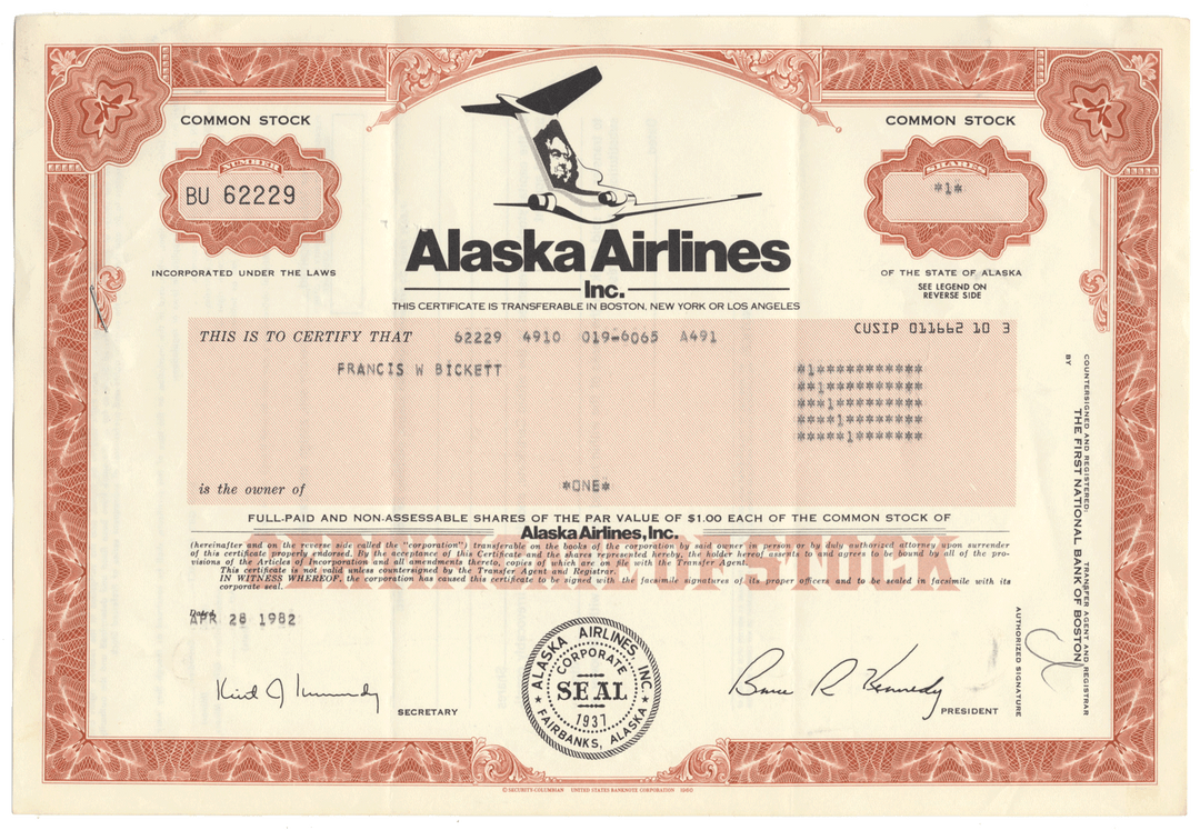 Alaska Airlines, Inc. Stock Certificate