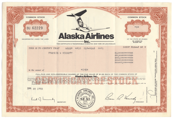 Alaska Airlines, Inc. Stock Certificate