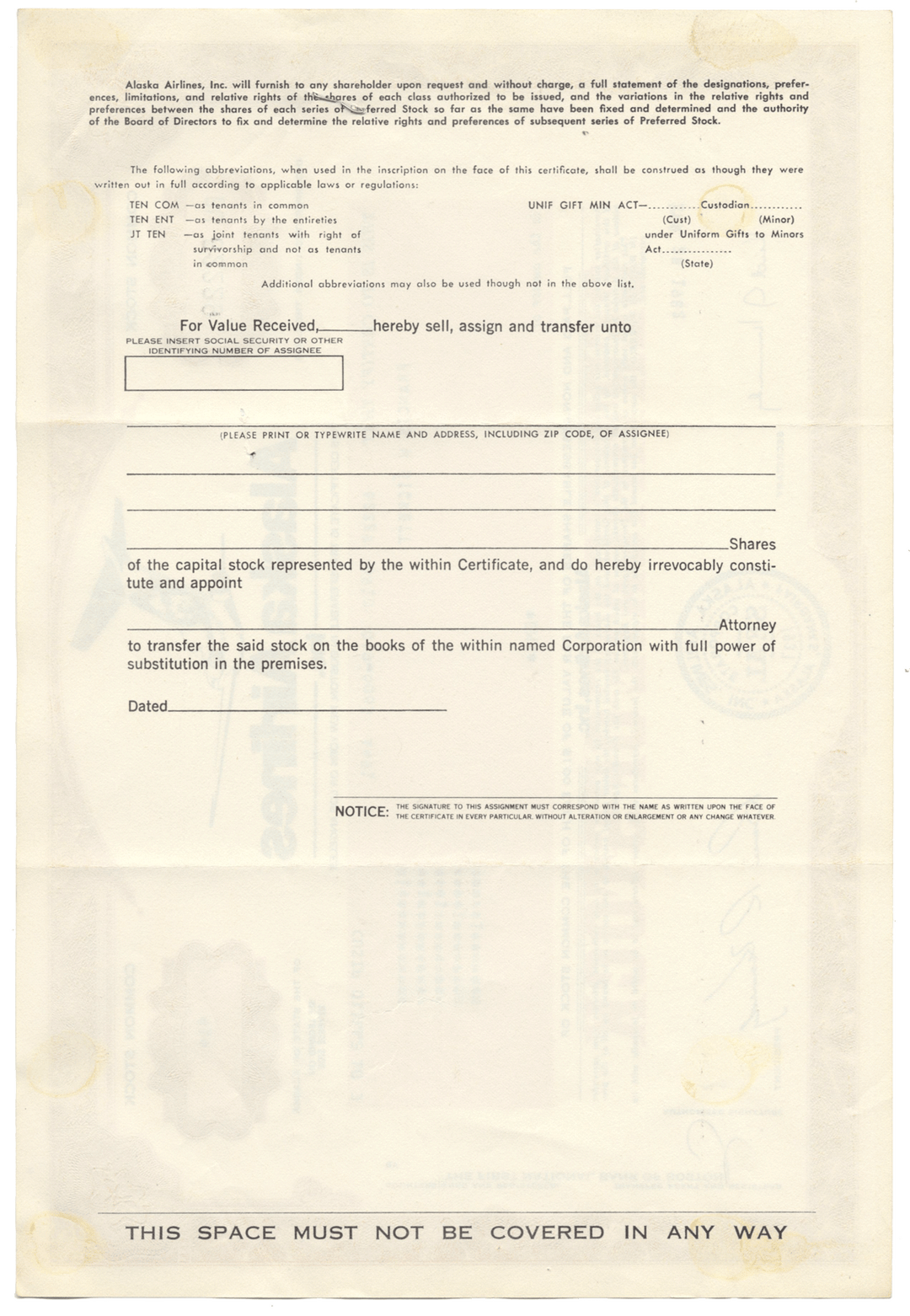 Alaska Airlines, Inc. Stock Certificate