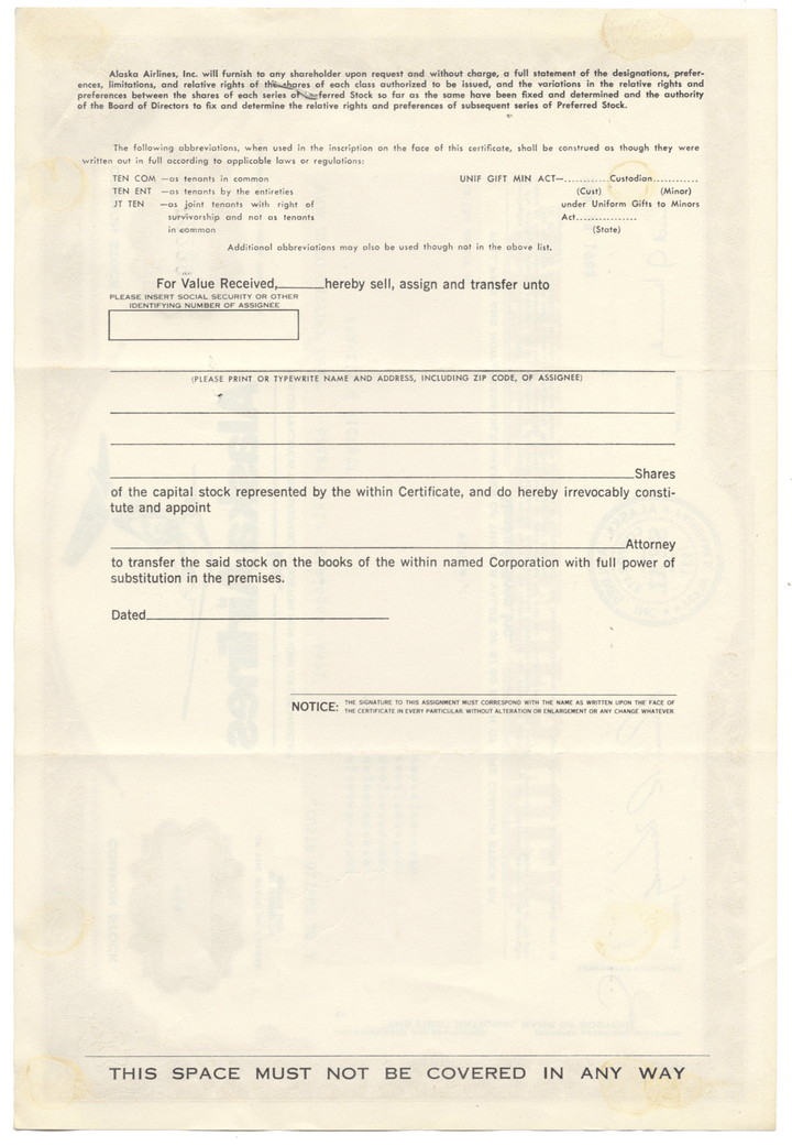 Alaska Airlines, Inc. Stock Certificate