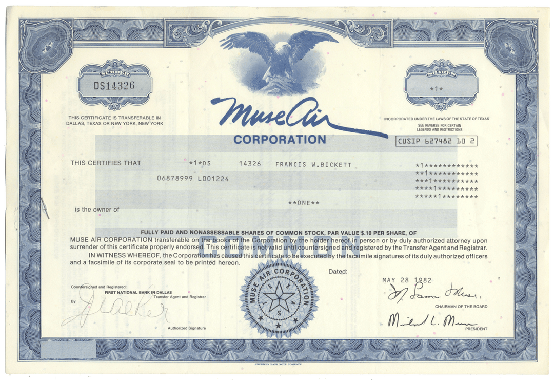 Muse Air Corporation Stock Certificate