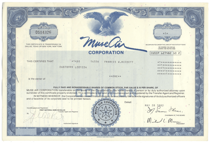 Muse Air Corporation Stock Certificate