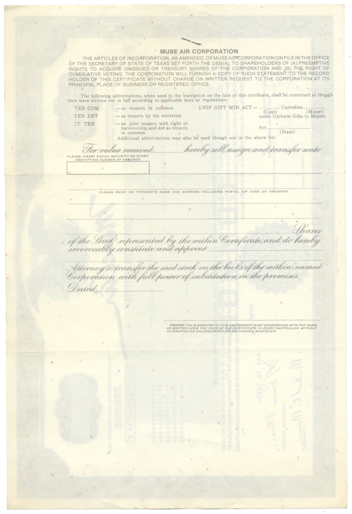 Muse Air Corporation Stock Certificate