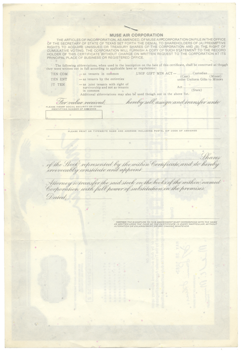 Muse Air Corporation Stock Certificate