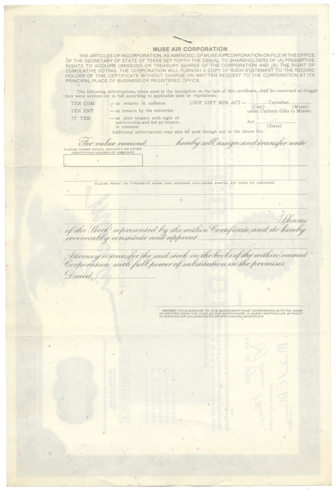 Muse Air Corporation Stock Certificate