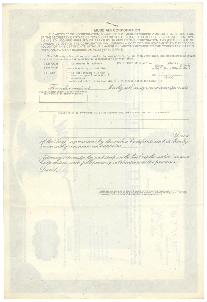 Muse Air Corporation Stock Certificate