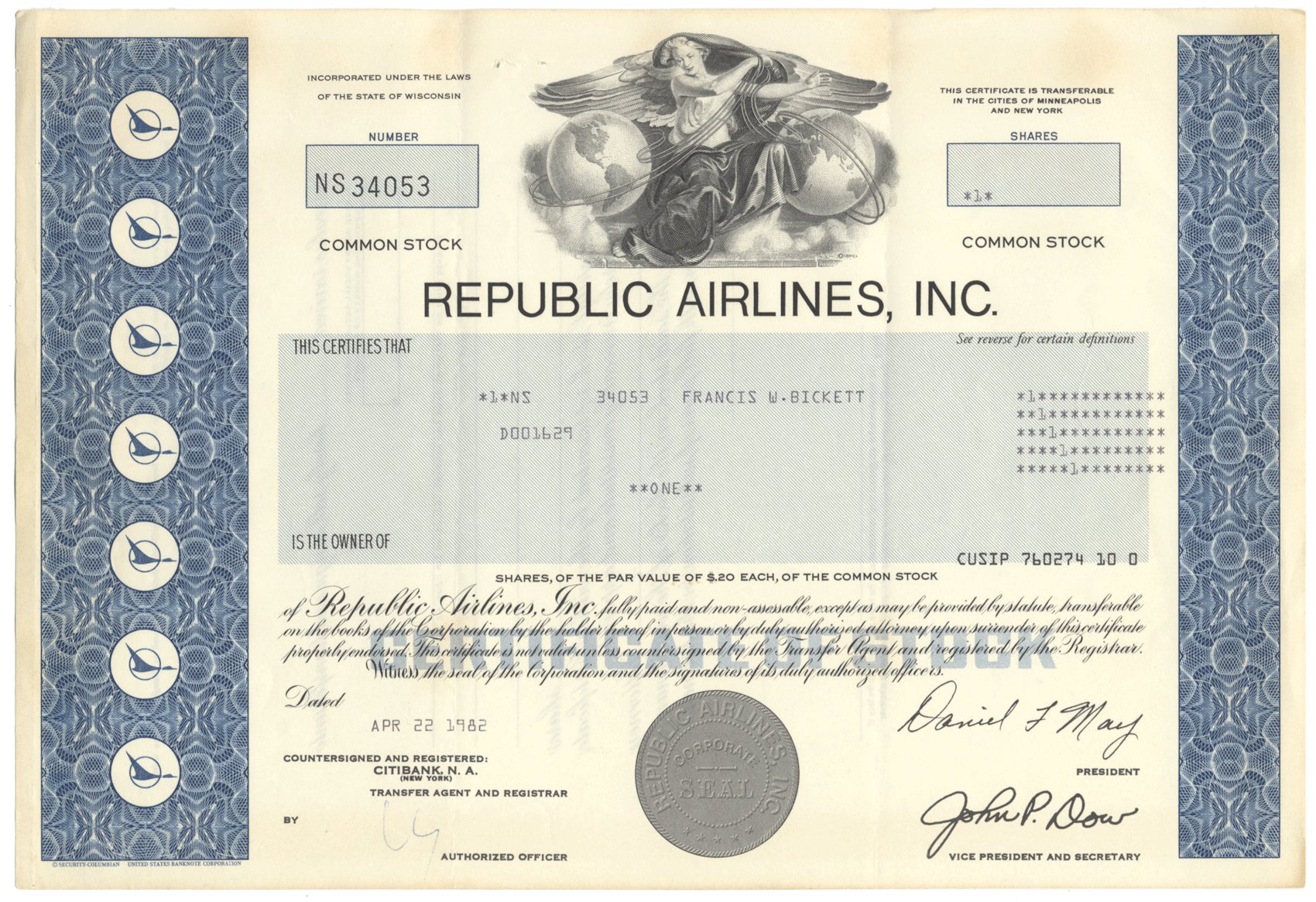 Republic Airlines, Inc. Stock Certificate