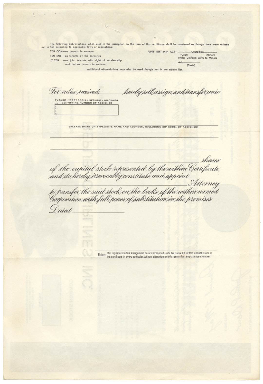 Republic Airlines, Inc. Stock Certificate