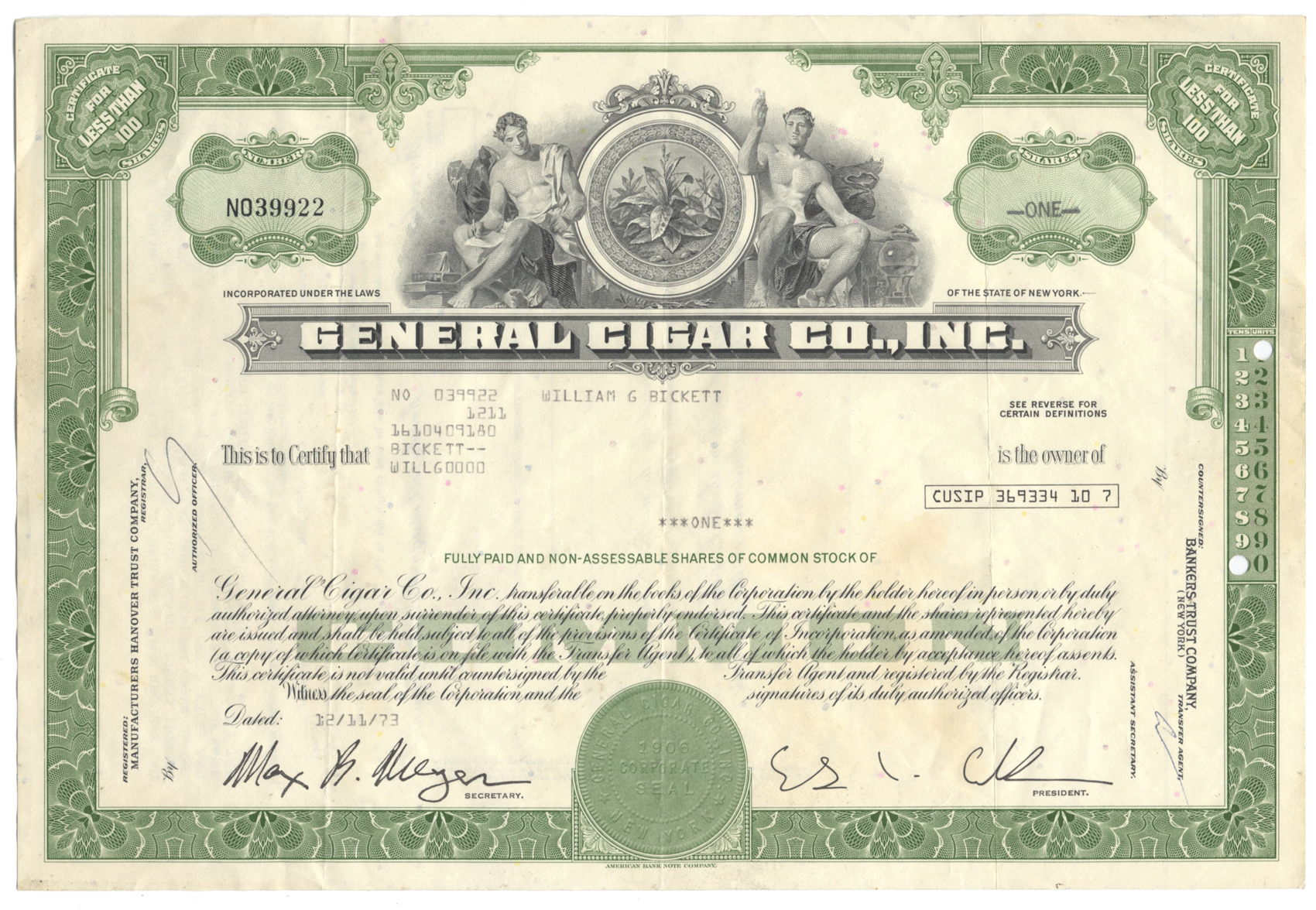 General Cigar Co., Inc. Stock Certificate