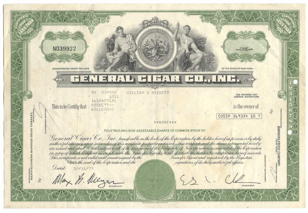 General Cigar Co., Inc. Stock Certificate