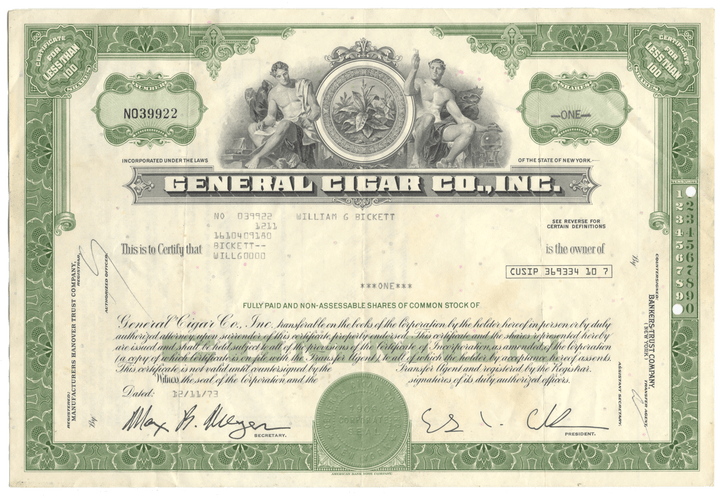 General Cigar Co., Inc. Stock Certificate