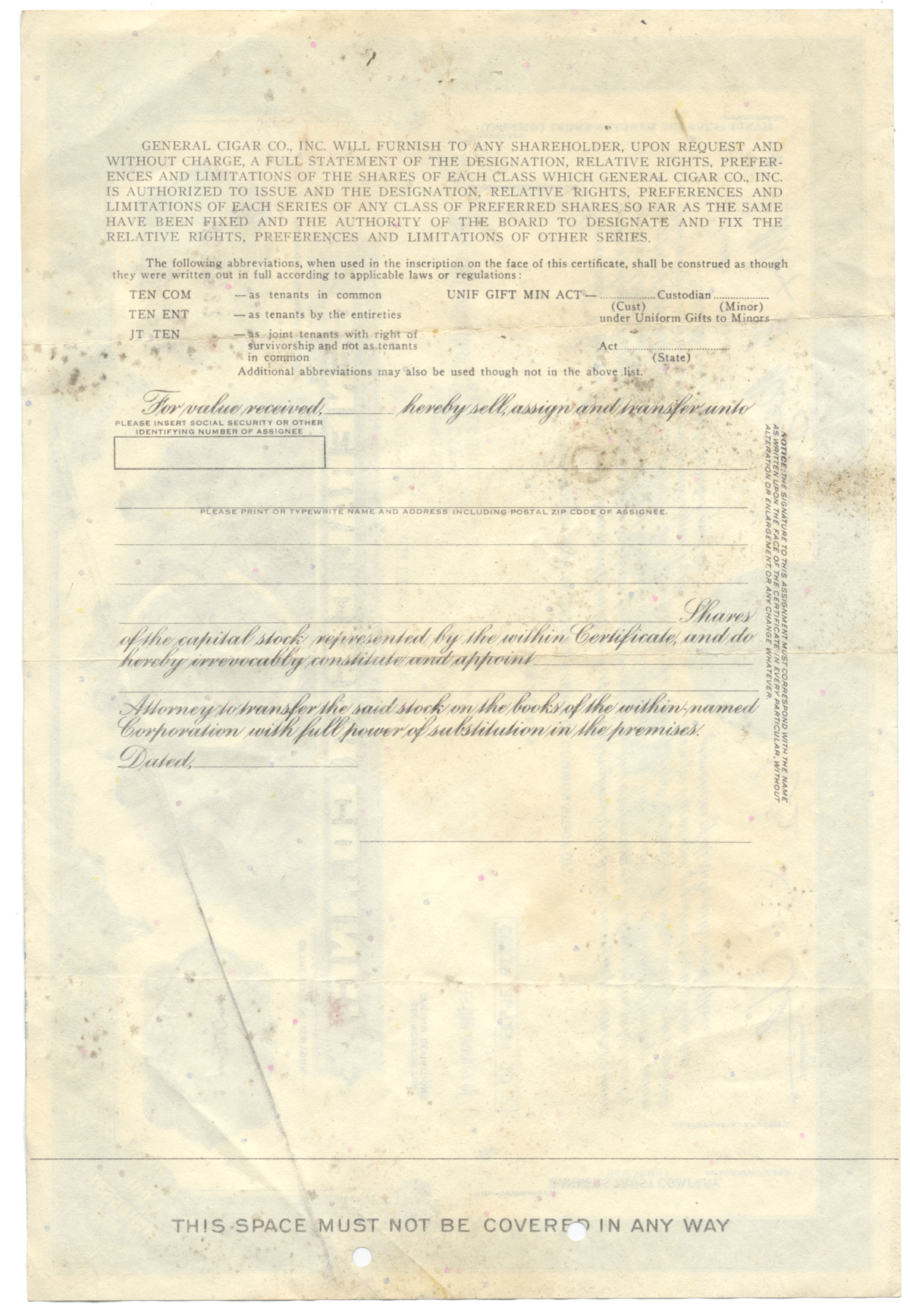 General Cigar Co., Inc. Stock Certificate