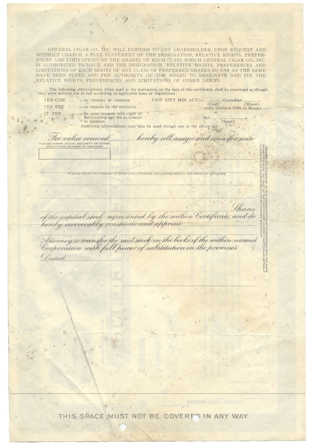 General Cigar Co., Inc. Stock Certificate