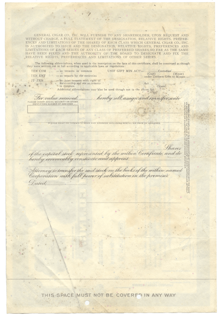 General Cigar Co., Inc. Stock Certificate