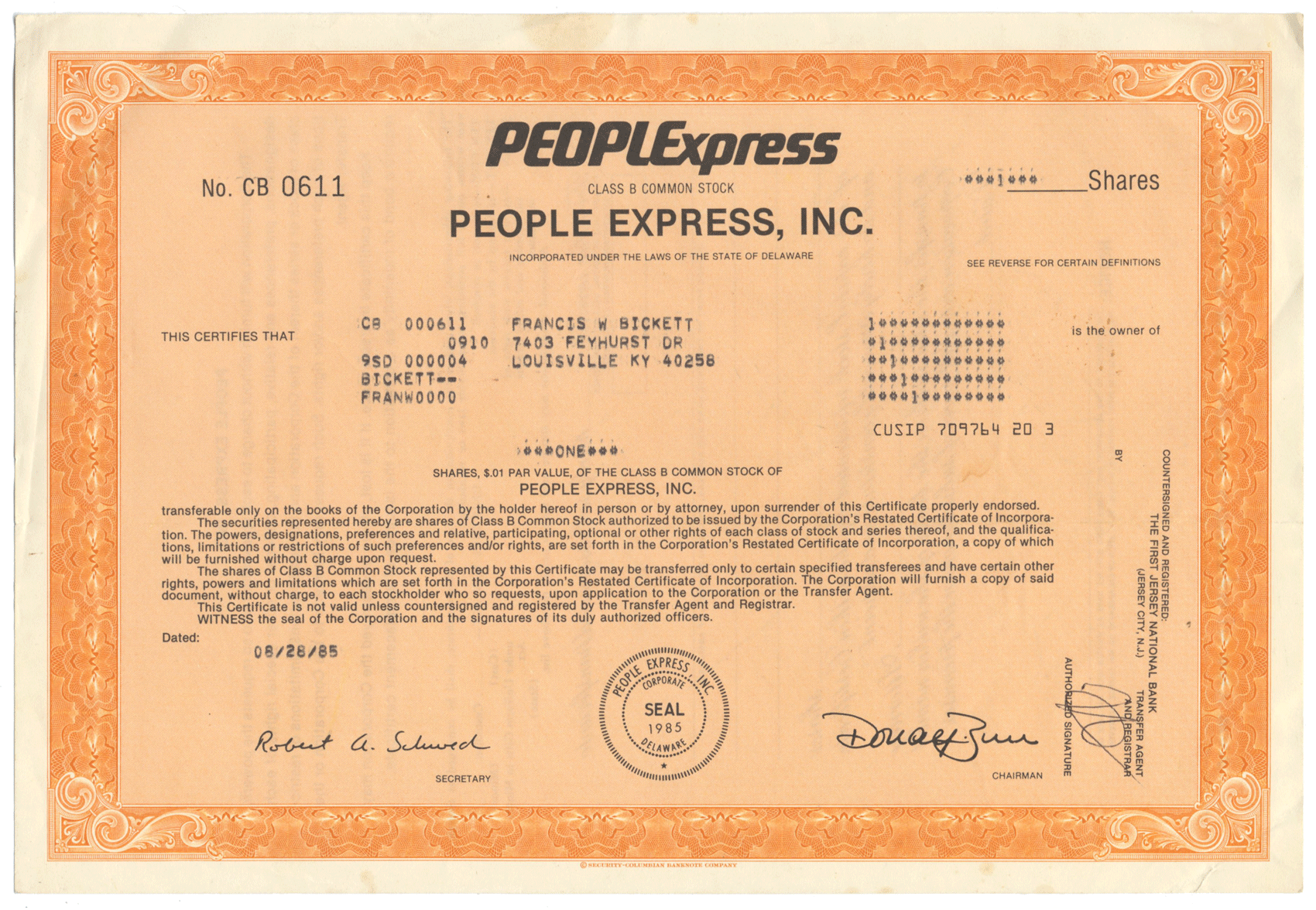 PEOPLExpress, Inc. Stock Certificate