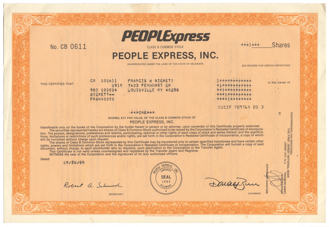 PEOPLExpress, Inc. Stock Certificate