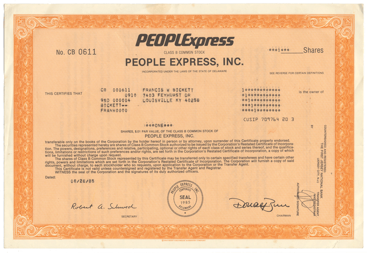 PEOPLExpress, Inc. Stock Certificate