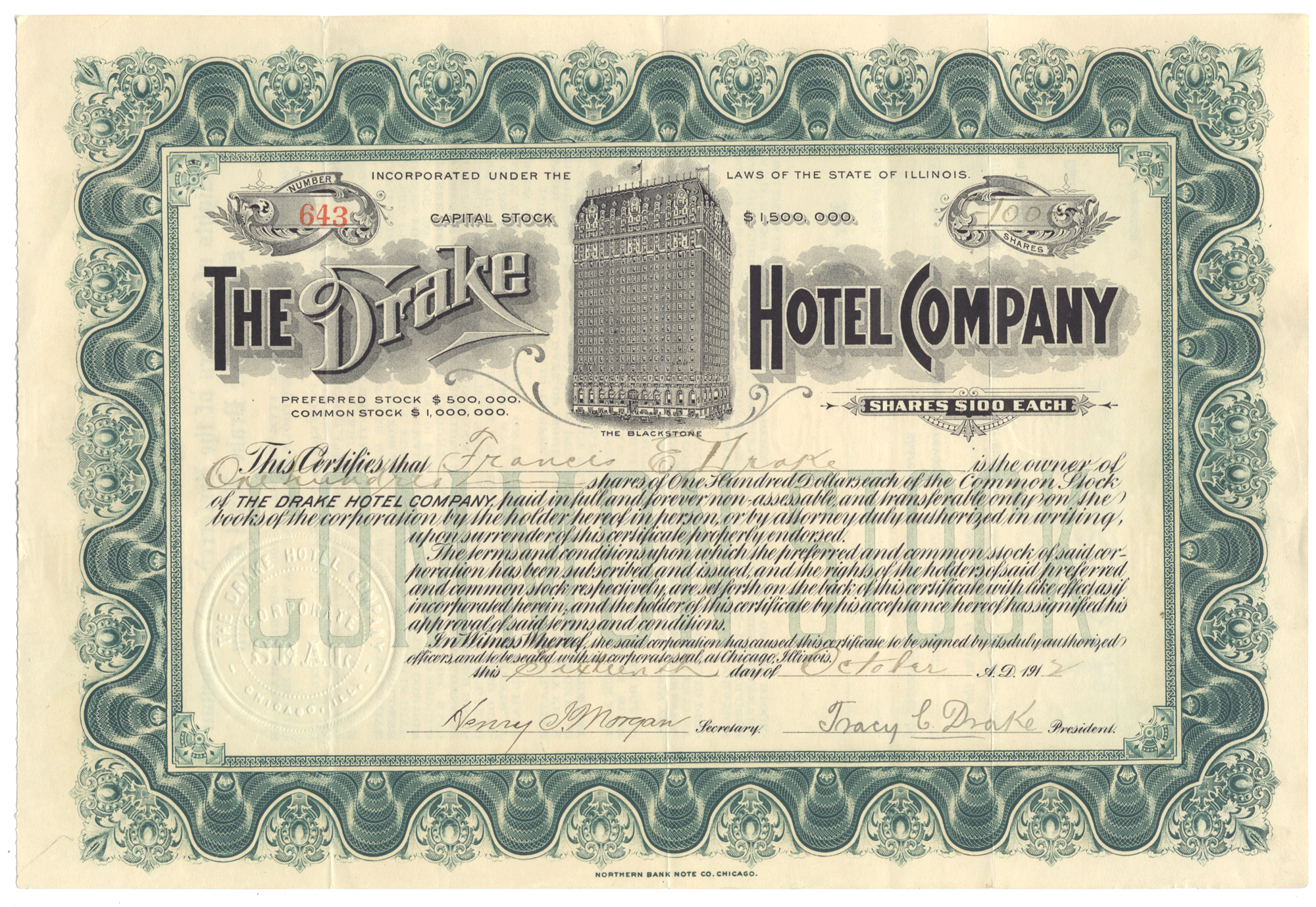 Drake Hotel Company Stock Certificate Signed by Tracy Drake