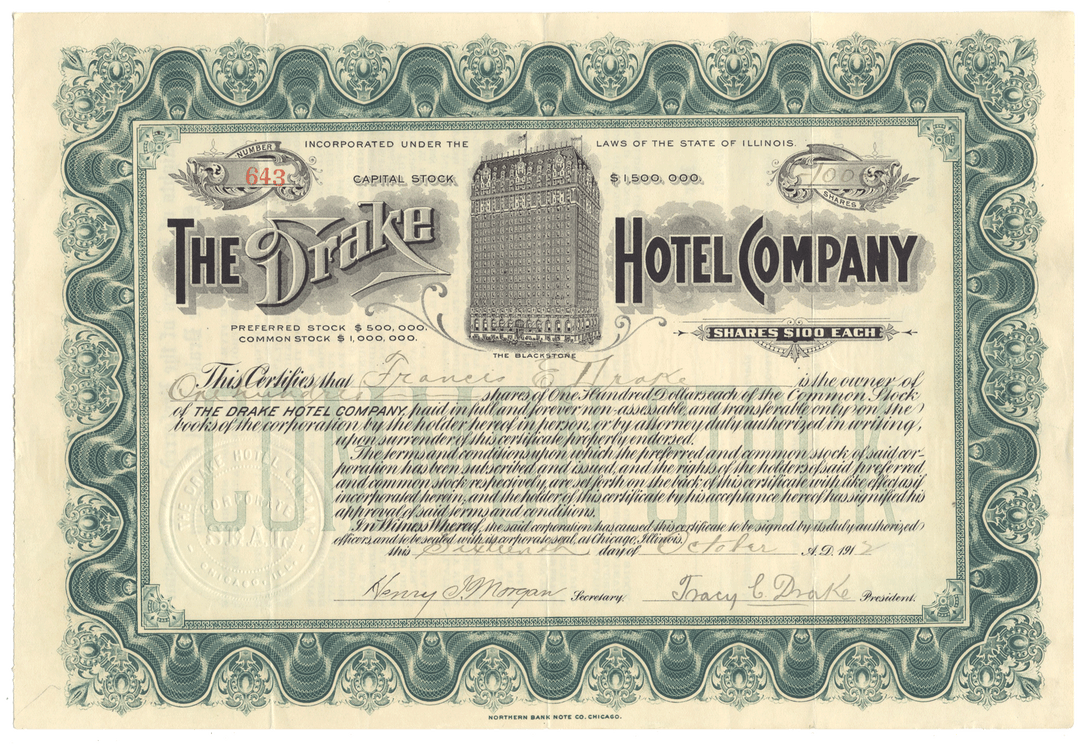 Drake Hotel Company Stock Certificate Signed by Tracy Drake